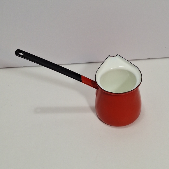 Vintage Yugoslavian Red Enamelware Turkish Coffee Pot Butter Melter Syrup Dipper - Picture 3 of 10